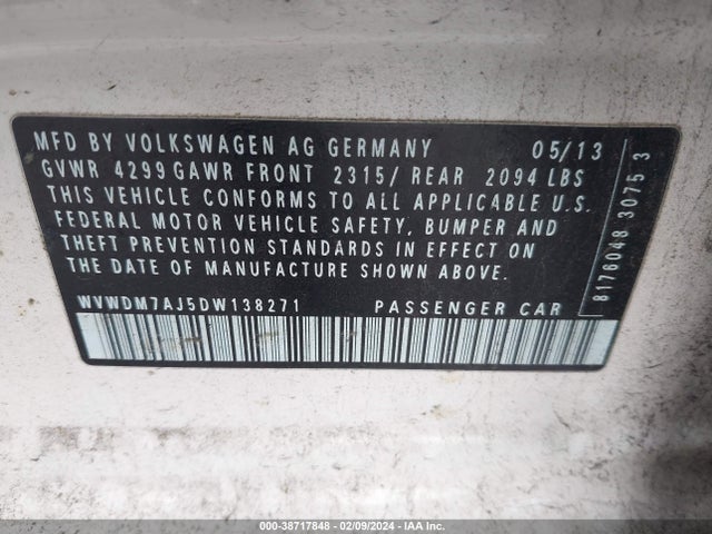 2013 VOLKSWAGEN GOLF 2.0L TDI 4-DOOR VIN: WVWDM7AJ5DW138271