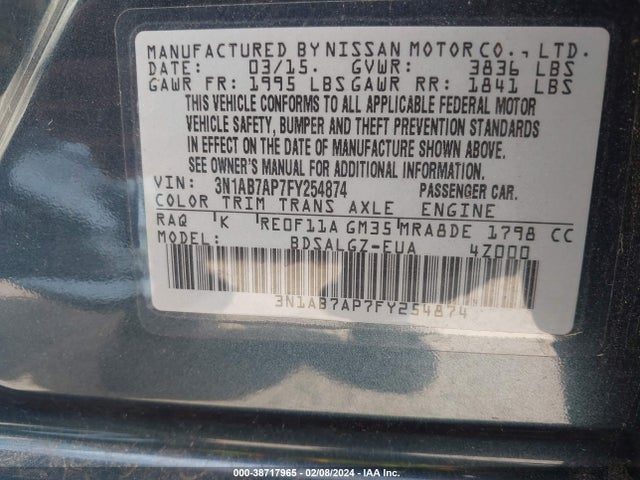 Nissan SENTRA SL 2015 3N1AB7AP7FY254874 Image 9