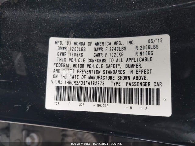 Honda ACCORD LX 2015 1HGCR2F35FA192973 Image 9