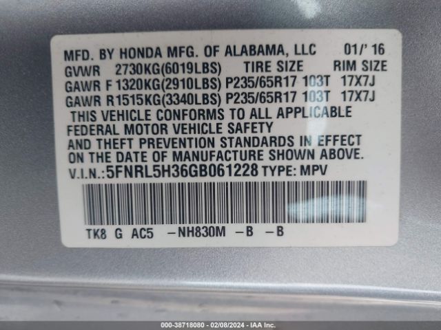 5FNRL5H36GB061228 Honda ODYSSEY SE