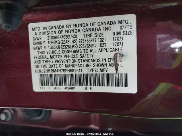 2015 HONDA CR-V EX-L VIN: 2HKRM4H76FH681541