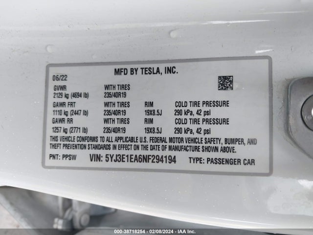 Tesla Model 3 Rear-wheel Drive 2022 5YJ3E1EA6NF294194 Image 9