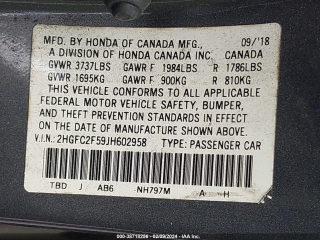 2018 HONDA CIVIC LX VIN: 2HGFC2F59JH602958