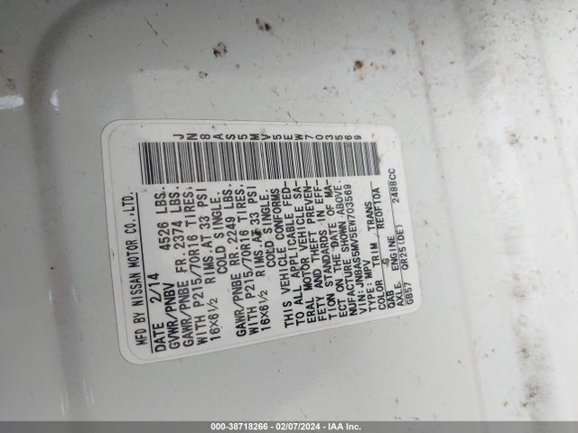 38718266 :رقم المزاد ، JN8AS5MV5EW703569 vin ، 2014 Nissan Rogue Select S مزاد بيع