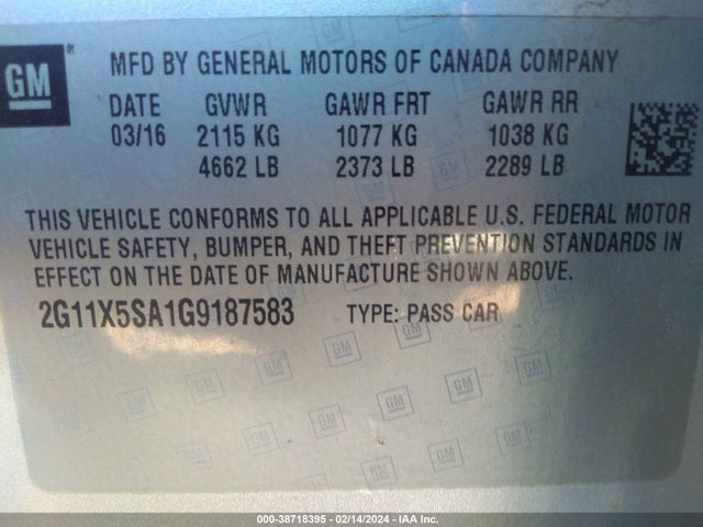 Chevrolet Impala 1fl 2016 2G11X5SA1G9187583 Image 9