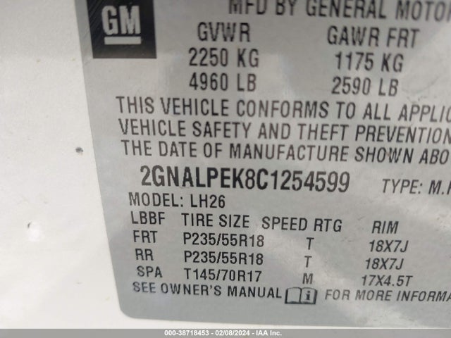 2012 CHEVROLET EQUINOX 2LT VIN: 2GNALPEK8C1254599