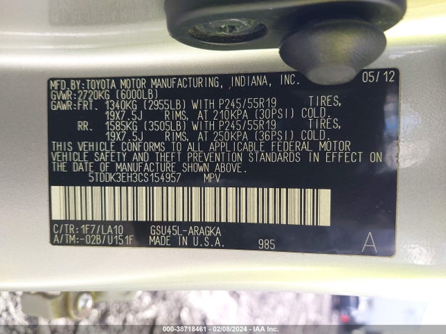 2012 TOYOTA HIGHLANDER LIMITED V6 VIN: 5TDDK3EH3CS154957