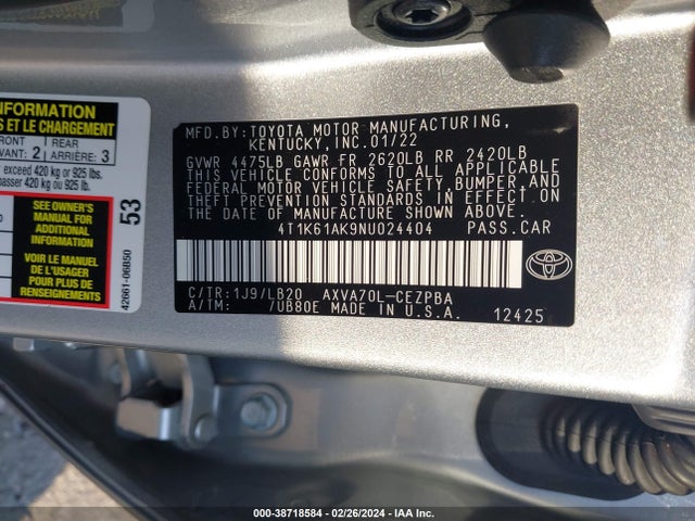 Toyota CAMRY XSE 2022 4T1K61AK9NU024404 Image 9