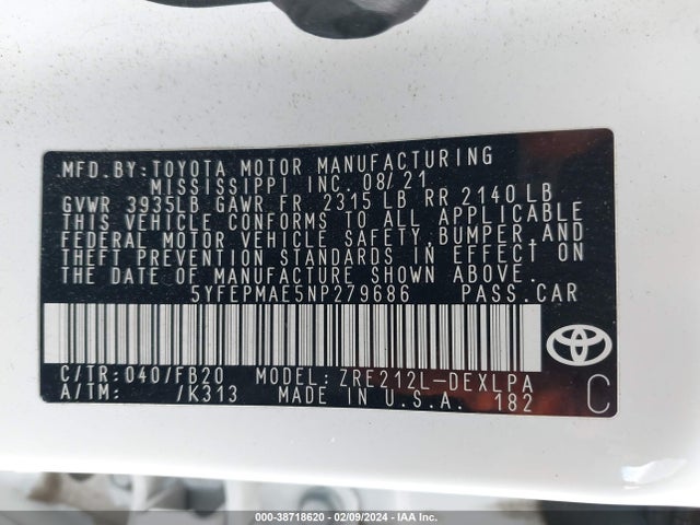 Toyota COROLLA LE 2022 5YFEPMAE5NP279686 Image 9