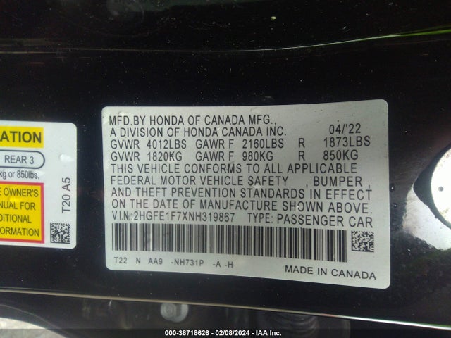 Honda CIVIC EX 2022 2HGFE1F7XNH319867 Image 9