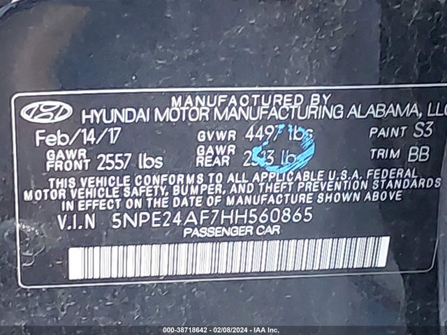 2017 HYUNDAI SONATA SE VIN: 5NPE24AF7HH560865