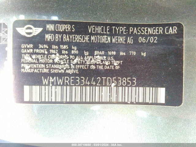 2002 MINI COOPER S WMWRE33442TD53853 Photo 8