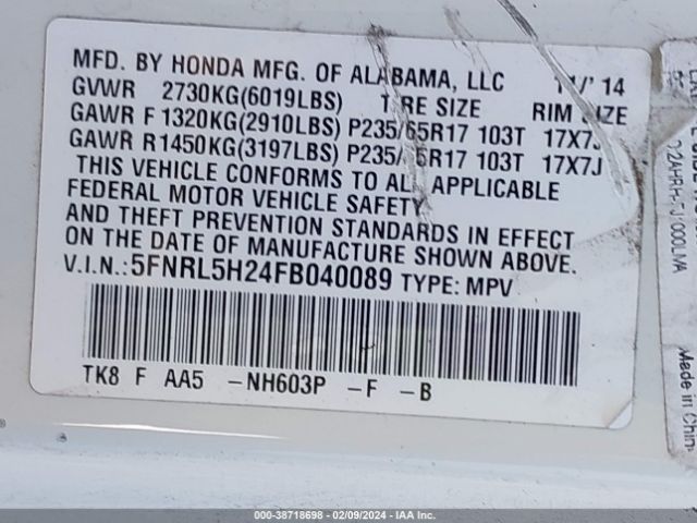 5FNRL5H24FB040089 Honda ODYSSEY LX