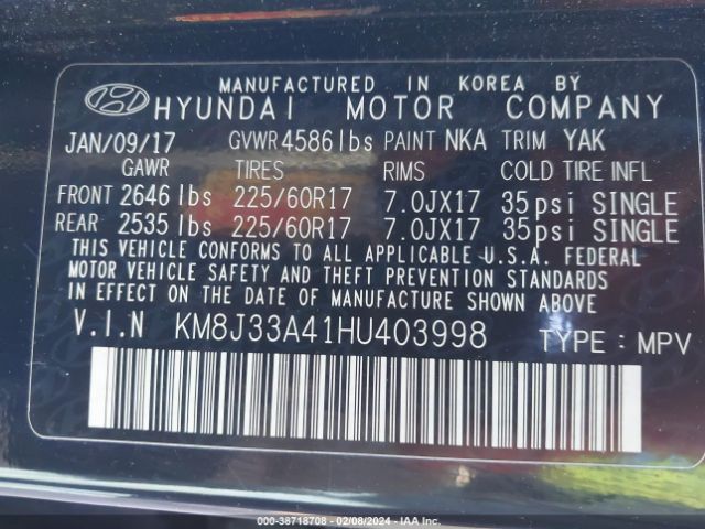 KM8J33A41HU403998 Hyundai Tucson Se Plus