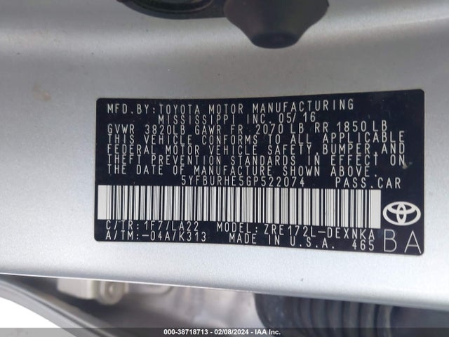 Toyota COROLLA 2016 5YFBURHE5GP522074 Image 9