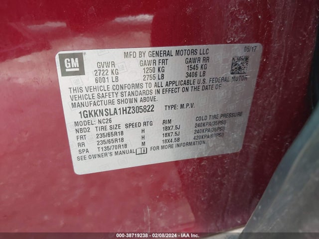 GMC Acadia Sle-2 2017 1GKKNSLA1HZ305822 Image 9