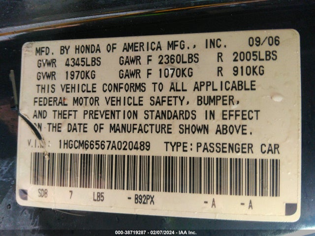2007 HONDA ACCORD 3.0 EX VIN: 1HGCM66567A020489