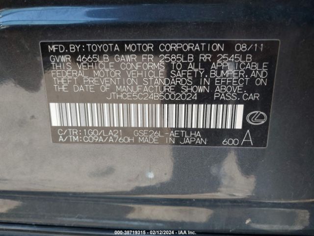 2011 LEXUS IS 350 JTHCE5C24B5002024 Photo 8