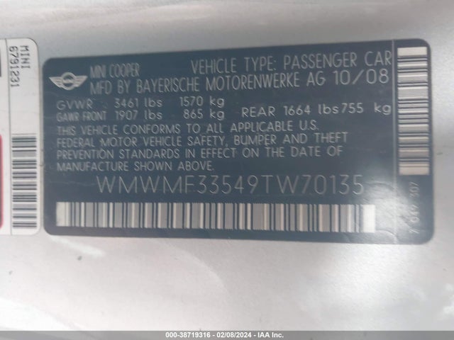 2009 MINI COOPER WMWMF33549TW70135 Photo 8