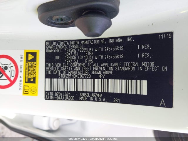 Toyota Highlander Se 2019 5TDKZRFH3KS367720 Image 9