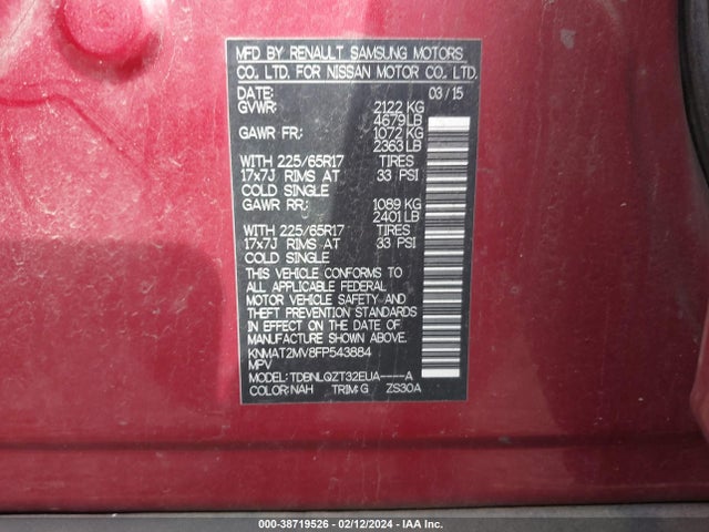 Nissan ROGUE SV 2015 KNMAT2MV8FP543884 Image 9