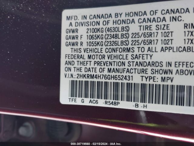 2HKRM4H76GH652431 Honda Cr-v Ex-l