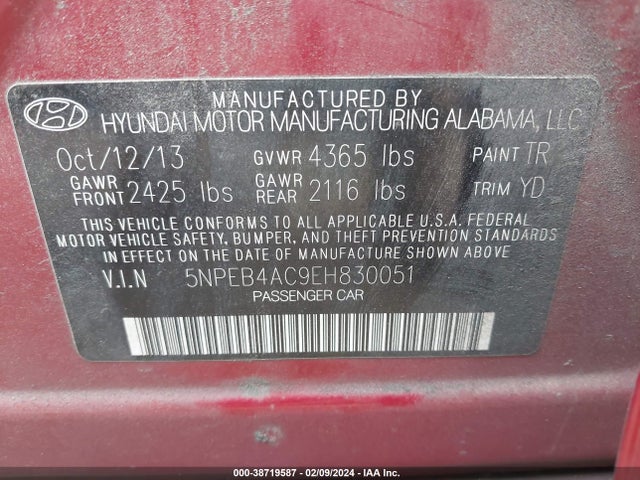 2014 HYUNDAI SONATA GLS VIN: 5NPEB4AC9EH830051