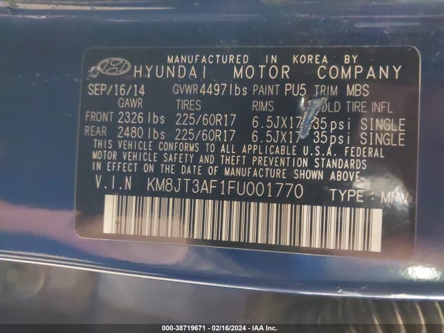 2015 HYUNDAI TUCSON GLS VIN: KM8JT3AF1FU001770