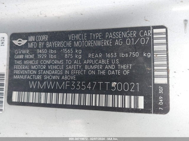 2007 MINI COOPER WMWMF33547TT50021 Photo 8