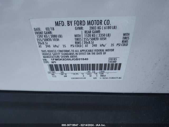 Ford EXPLORER XLT 2018 1FM5K8D86JGB01840 Image 9