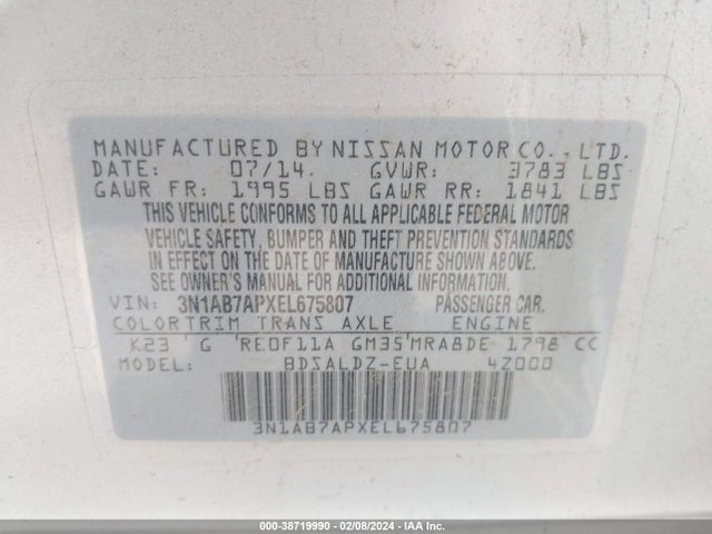 2014 NISSAN SENTRA SV VIN: 3N1AB7APXEL675807