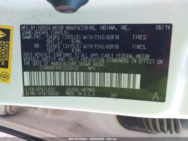 Toyota Highlander Xle V6 2014 5TDKKRFHXES030437 Image 9
