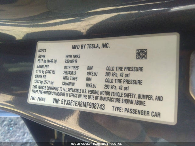 5YJ3E1EA8MF908743 Tesla Model 3 Standard Range Plus Rear-wheel Drive