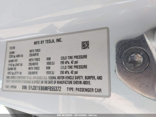 Tesla Model 3 Long Range Dual Motor All-wheel Drive 2021 5YJ3E1EB6MF855372 Image 9