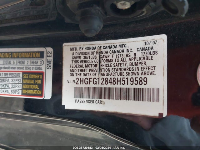 2008 HONDA CIVIC EX VIN: 2HGFG12848H519589