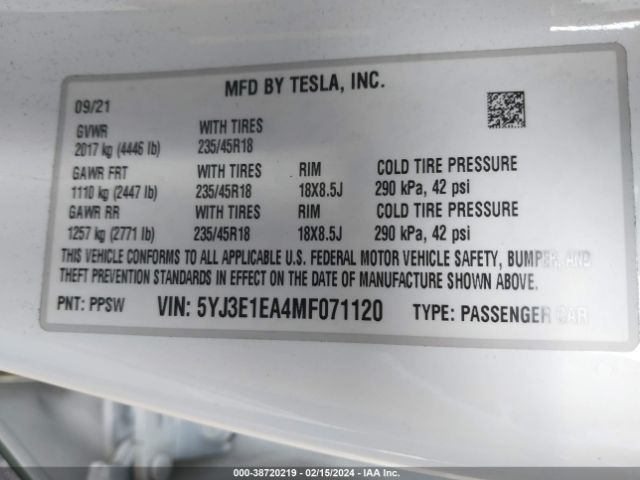 5YJ3E1EA4MF071120 Tesla Model 3 Standard Range Plus Rear-wheel Drive