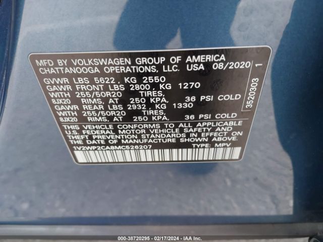 1V2WP2CA8MC526207 Volkswagen Atlas 2.0t Se W/technology
