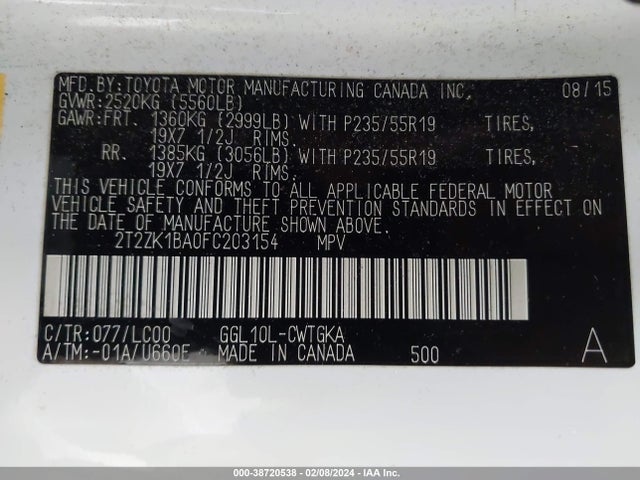 2015 LEXUS RX 350 VIN: 2T2ZK1BA0FC203154