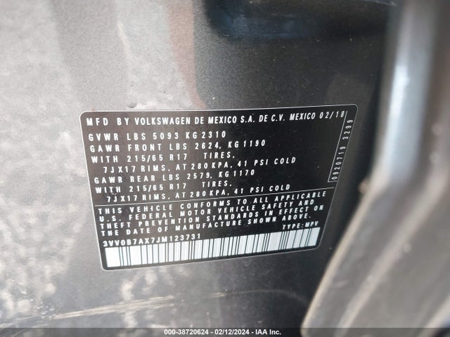 3VV0B7AX7JM123731 Volkswagen Tiguan 2.0t S