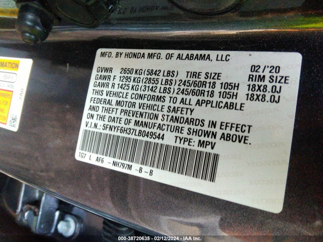 Honda Pilot Awd Ex 2020 5FNYF6H37LB049544 Image 9