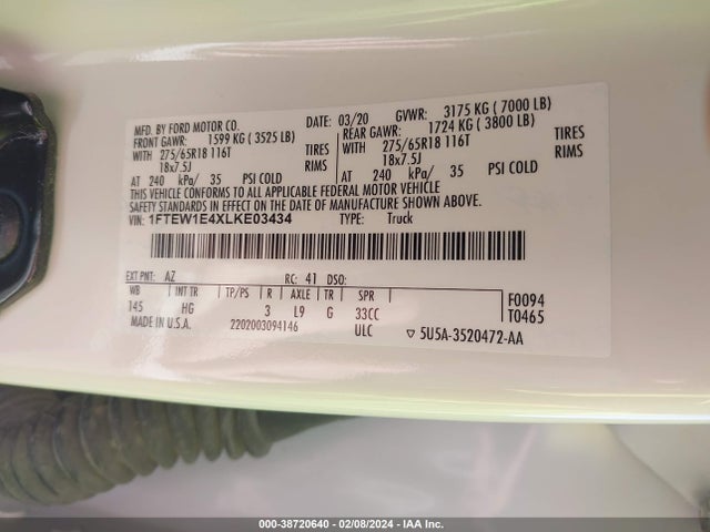 Ford F-150 Lariat 2020 1FTEW1E4XLKE03434 Image 9