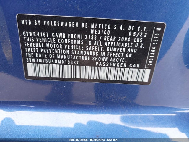 3VW7M7BU4NM019387 Volkswagen Jetta 1.5t Se