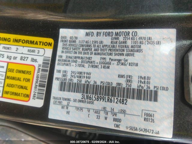 3LN6L5B99LR612482 Lincoln Mkz Standard