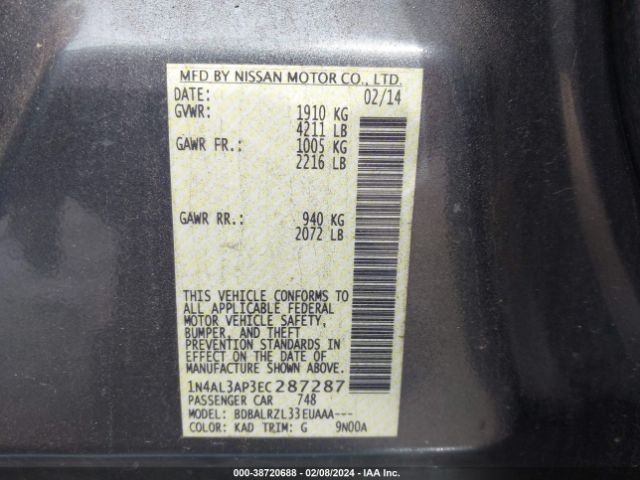 1N4AL3AP3EC287287 Nissan Altima 2.5/2.5 S/2.5 Sl/2.5 Sv