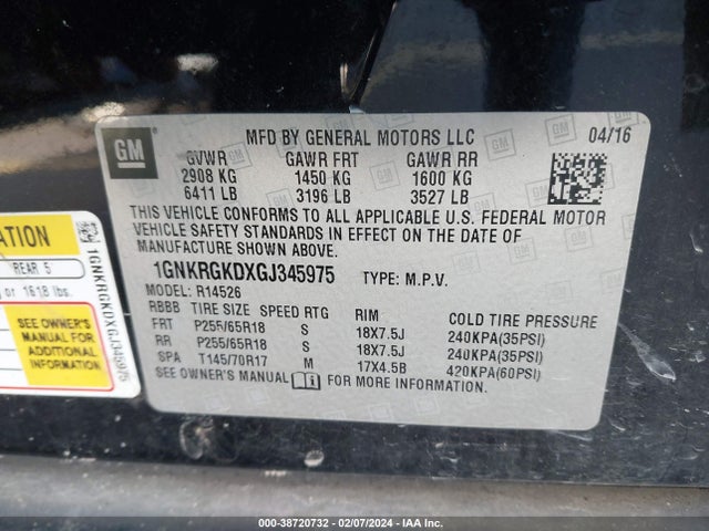 Chevrolet Traverse 1lt 2016 1GNKRGKDXGJ345975 Image 9