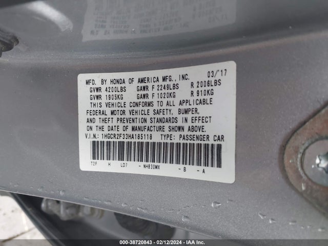 Honda ACCORD LX 2017 1HGCR2F33HA185118 Image 9