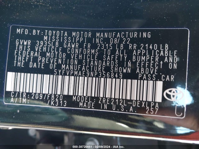 Toyota COROLLA LE 2022 5YFVPMAE9NP356849 Image 9