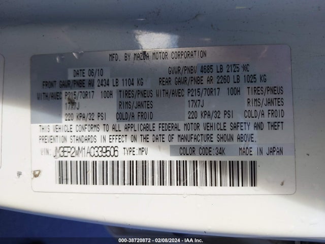 2010 MAZDA CX-7 I SPORT VIN: JM3ER2WM1A0339506