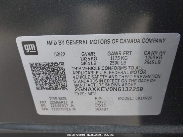 2GNAXKEV0N6132259 Chevrolet Equinox Fwd Lt