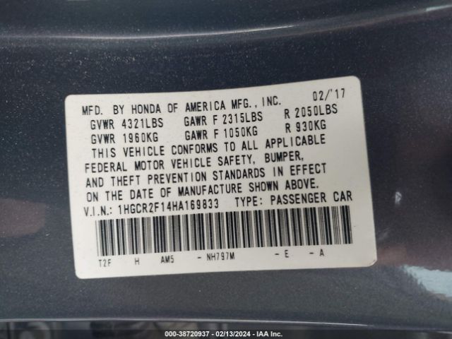 1HGCR2F14HA169833 Honda Accord Sport Se